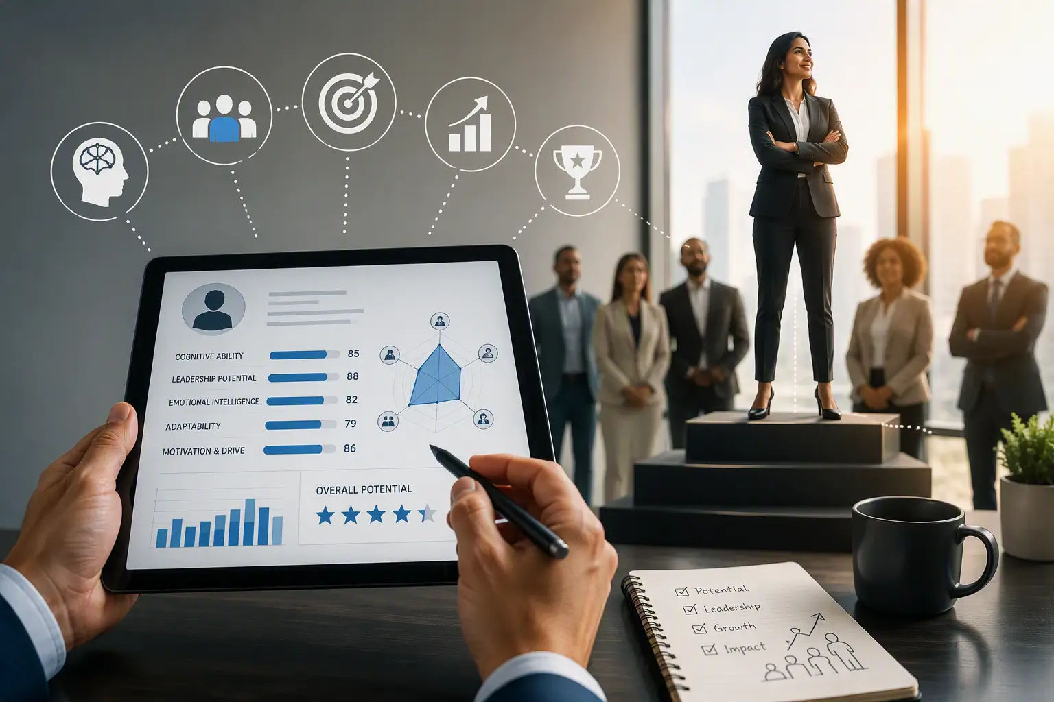 Illustration of a psychometric assessment dashboard evaluating leadership potential alongside a candidate highlighted as a future leader.