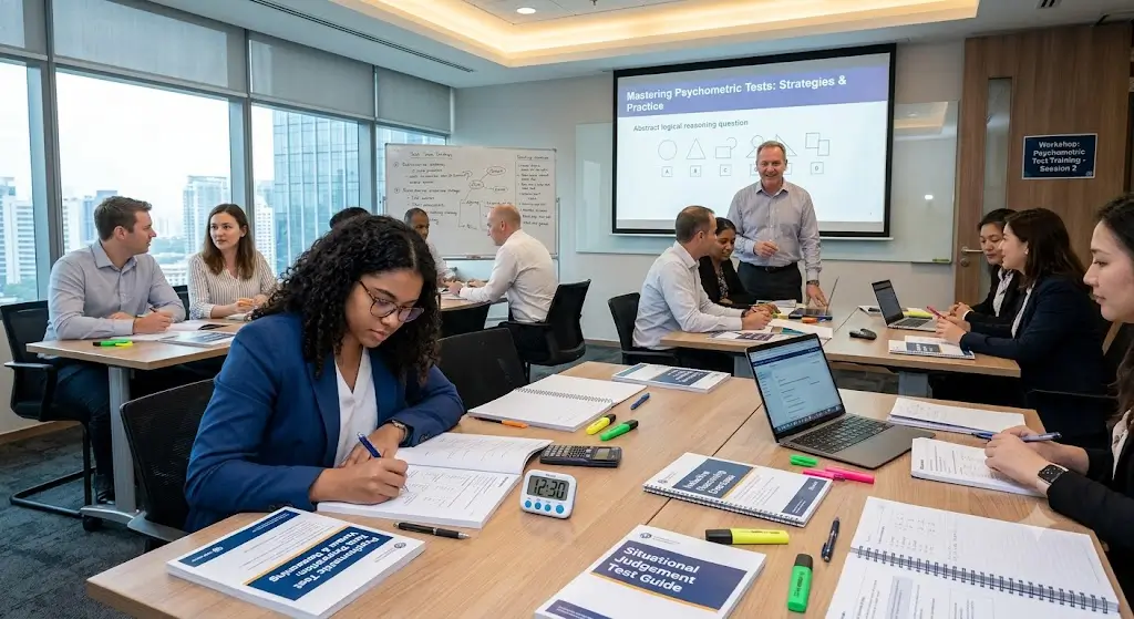 Professionals in a modern conference room participating in a psychometric test training workshop with an instructor and preparation materials.