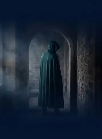 A hooded, cloaked figure standing in a stone corridor